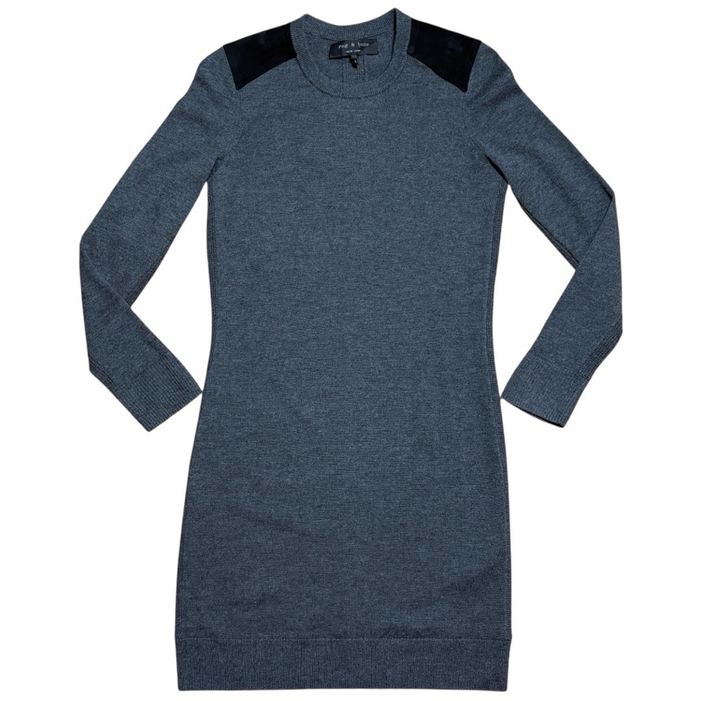 Rag & Bone 100% Wool & Suede Leather Shoulder Patch Sweater Dress Charcoal Sz XS